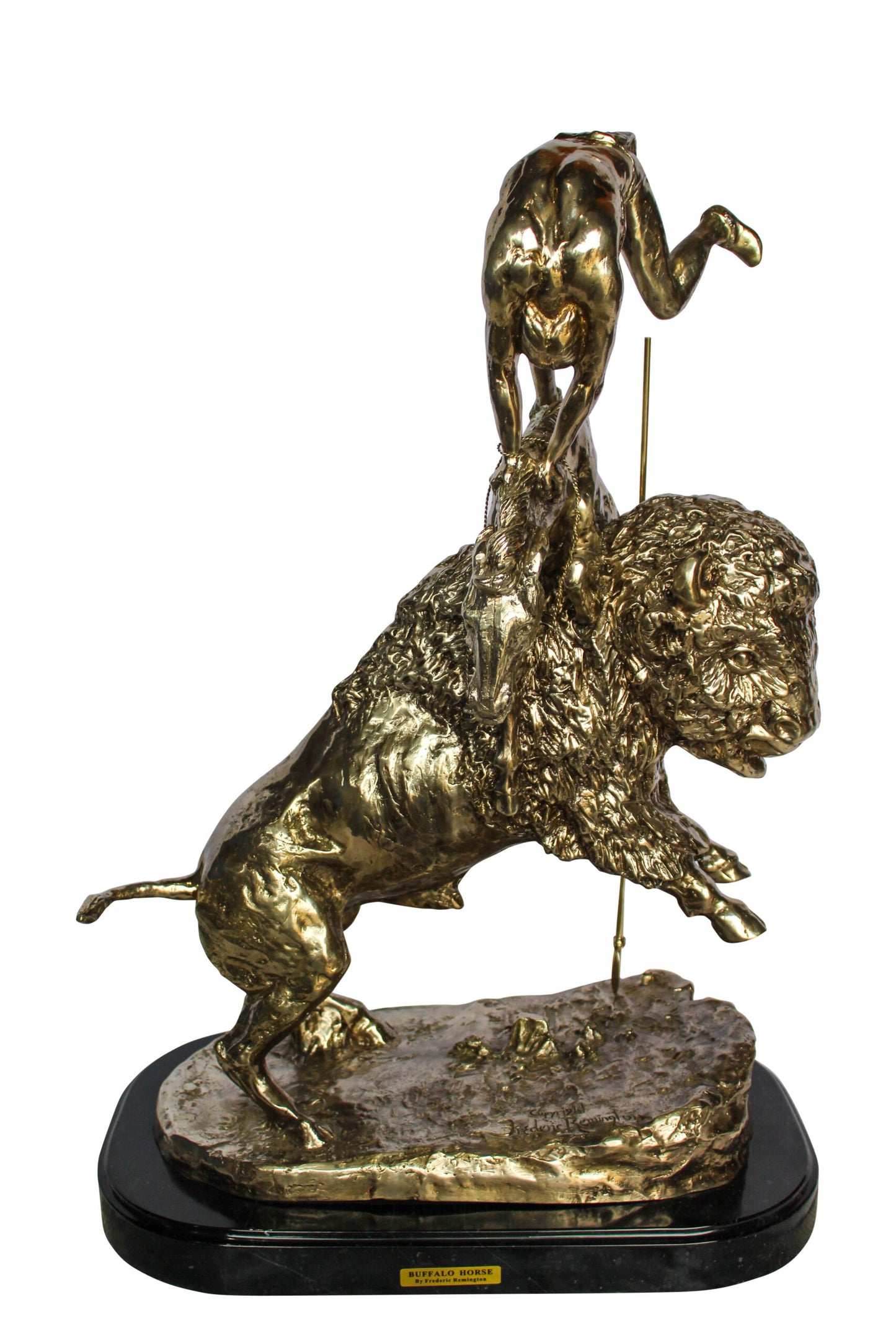Nifao Jumbo Bronze Buffalo Horse Statue – Replica of Frederic Remington’s Iconic Sculpture – Native Rider with Charging Buffalo – Silver Patina Finish – Handcrafted Lost Wax Casting 22" x 12" x 32"H