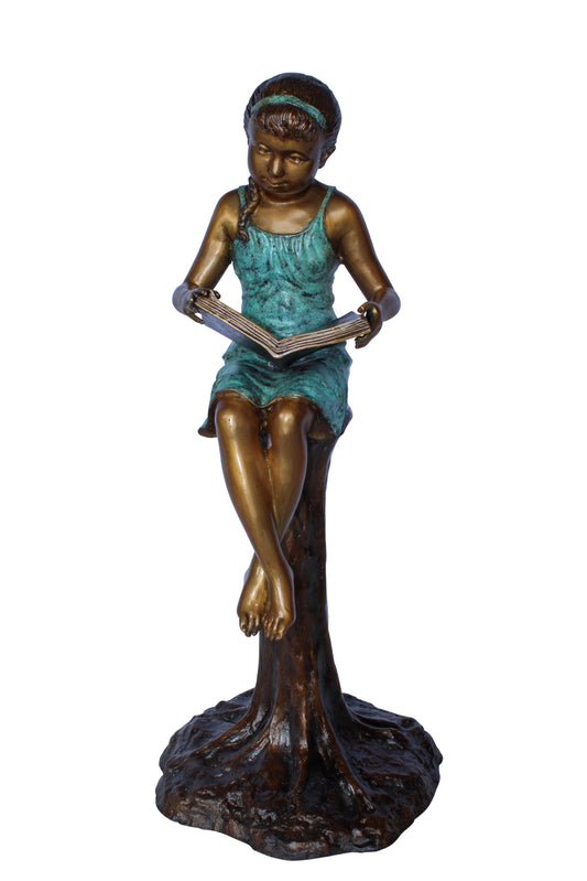 Bronze Girl Reading Book on Tree Stump Sculpture 14" x 15" x 34"H