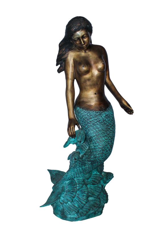Nude Art Bronze Mermaid Fountain with Fish and Patina Finish 23" x 14" x 39"H