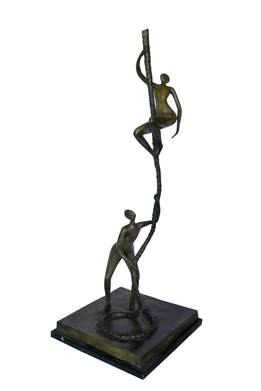 Bronze Abstract Figures Climbing Rope Sculpture on Base 14" x 14" x 38"H