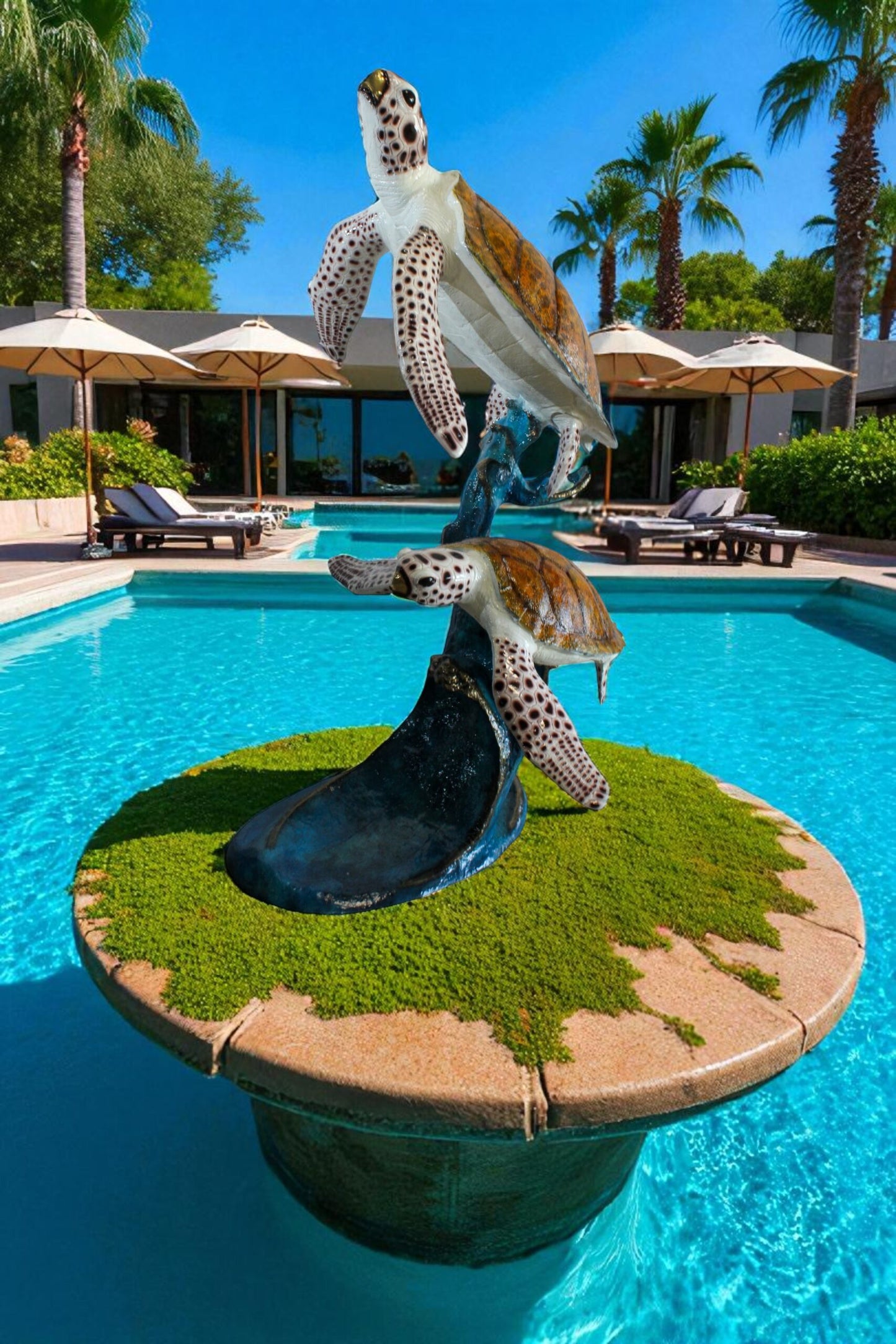 Two Giant Sea Turtle Fountain Bronze Statue Over Coral Base 52" x 40" x 68"H