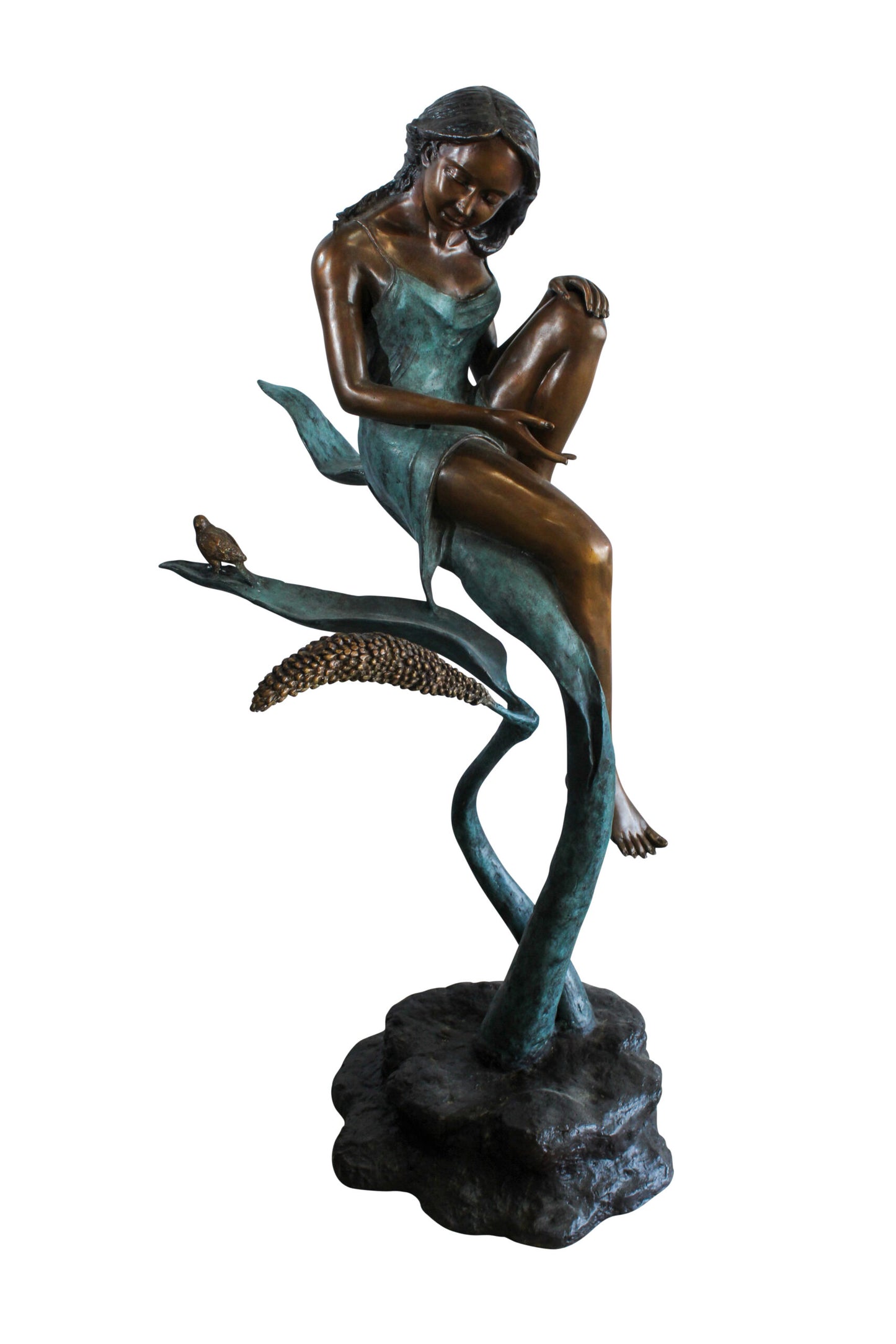 Beautiful Girl Bronze Statue on a Vine With Bird and Pinecone 26" x 24" x 53"H