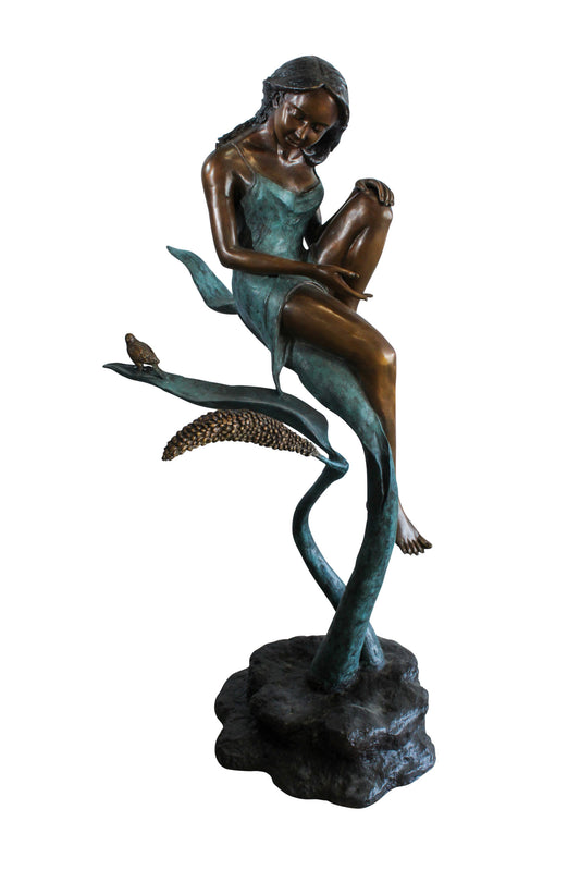 NIFAO Bronze Girl on Vine Statue – Large Indoor/Outdoor Sculpture, Handcrafted Lost Wax Casting, Young Girl with Bird and Pine Cone Detail, Garden, Patio & Luxury Home Decor 26" x 24" x 53"H