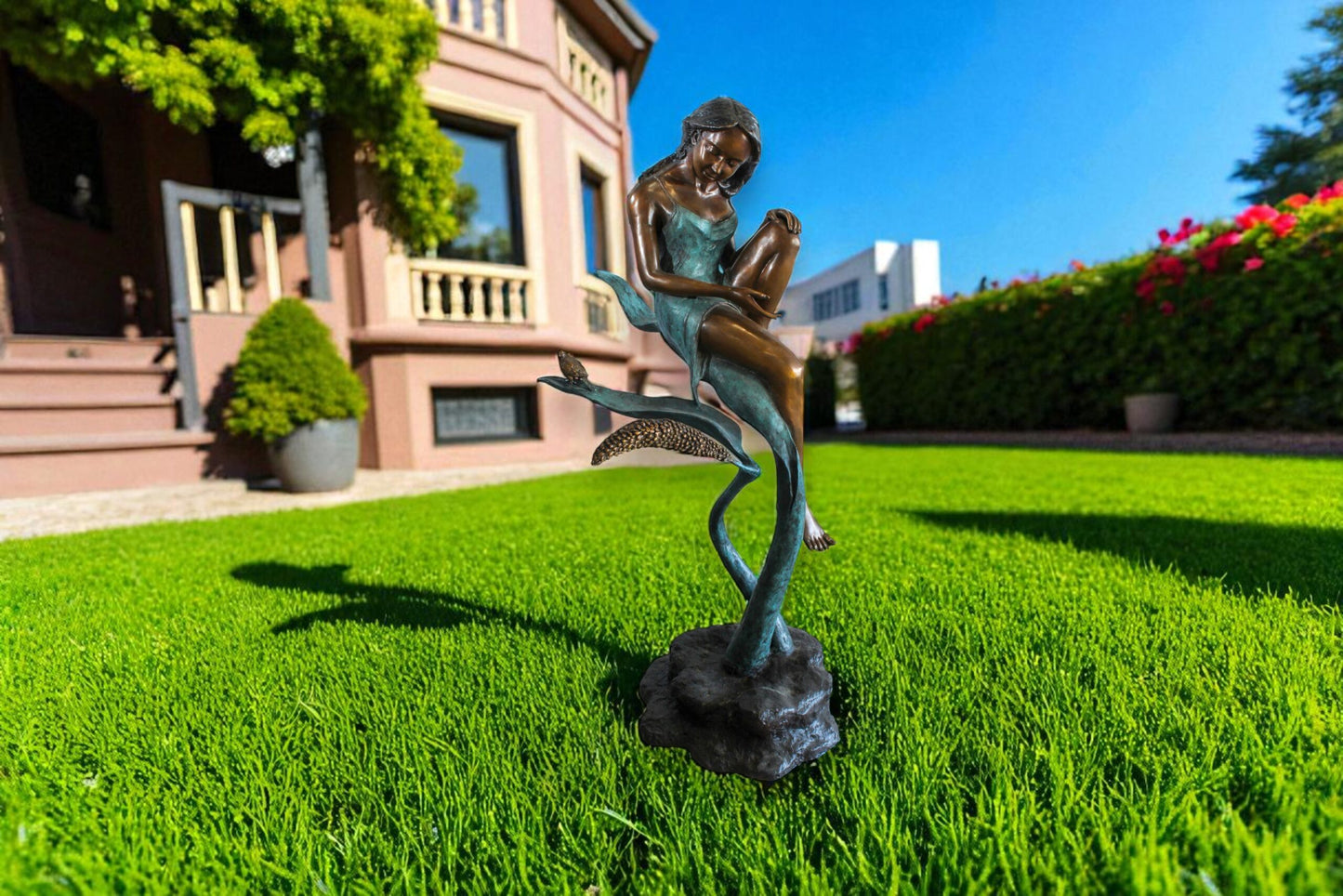 Beautiful Girl Bronze Statue on a Vine With Bird and Pinecone 26" x 24" x 53"H