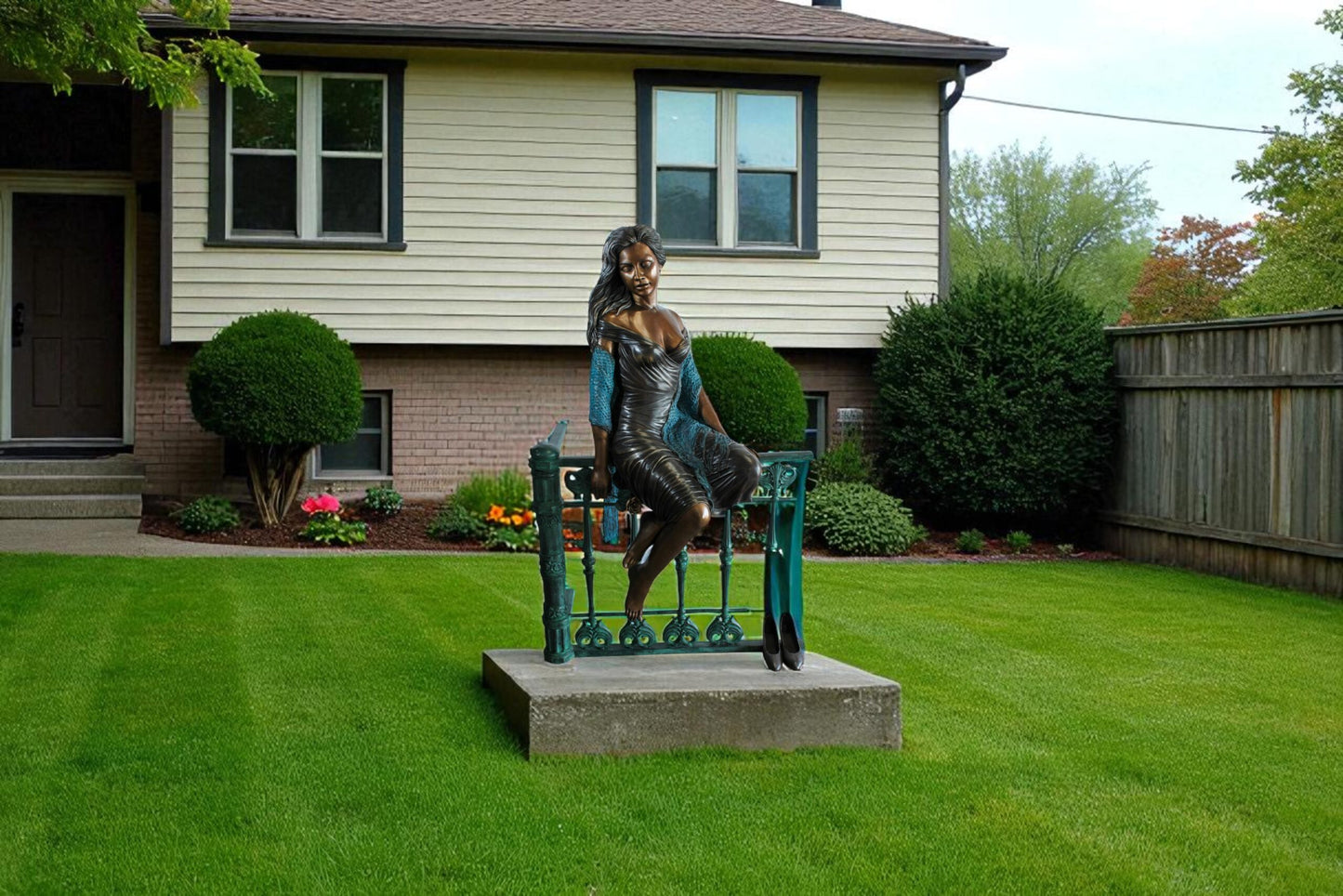 Bronze Statue of a Woman Sitting on Railing Holding a Rose 35" x 55" x 67"H