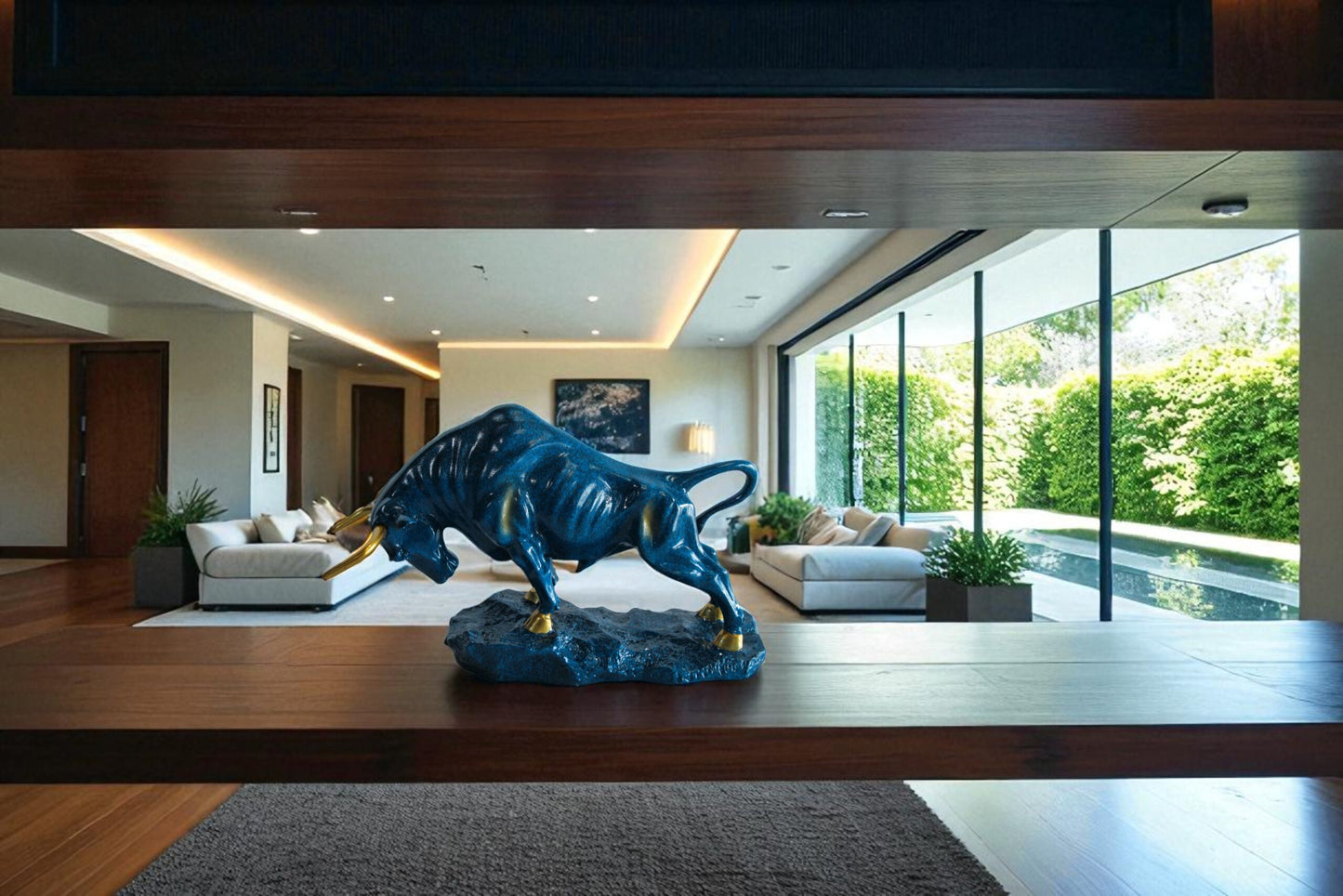 Blue Resin Bull Statue with Gold Horns and Hooves on Base   14" x 4" x 9"H