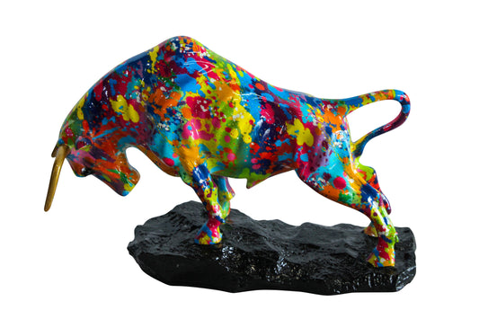 Nifao Resin Bull Statue – Colorful Indoor/Outdoor Charging Bull Sculpture, Vibrant Splatter Art Finish with Gold Horns, Modern Pop Art Animal Figurine for Homes, Offices & Gallery Decor 14" x 4" x 9"H