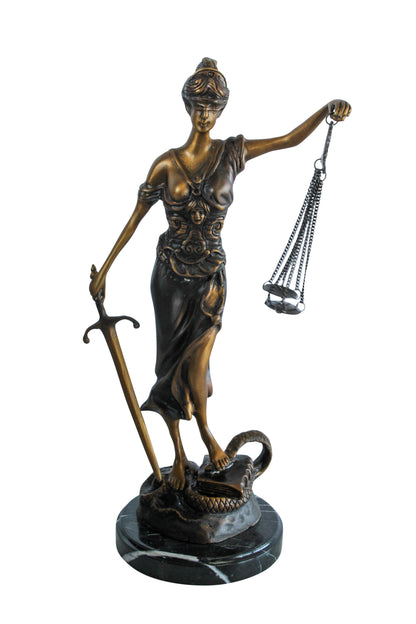 Bronze Lady Justice Statue with Sword Scales and Marble Base   9" x 6" x 16"H