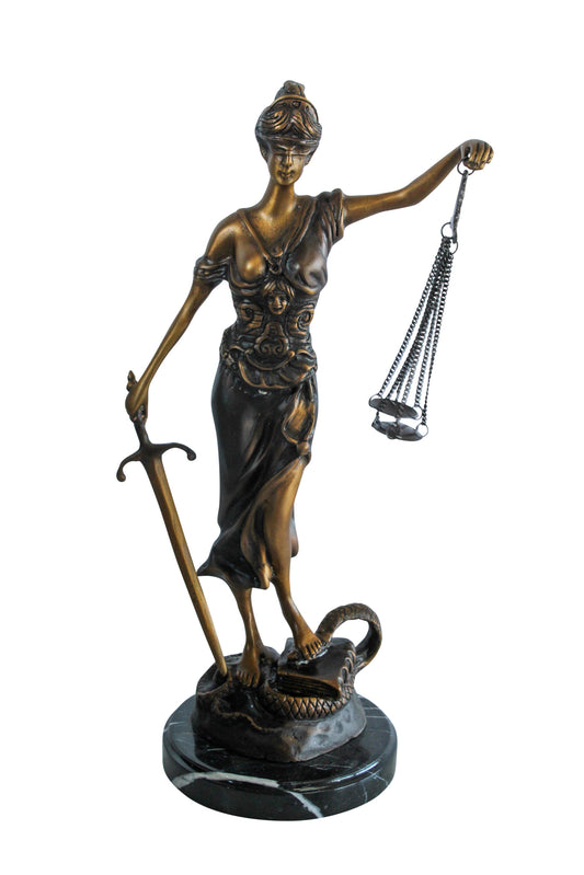 Nifao Bronze Lady Justice Statue -Indoor/Outdoor Sculpture with Balanced Scales, Serpent on Marble Base,Handcrafted Lost Wax Casting, Classical Decor for Law Offices & Collectors 9" x 6" x 16"H