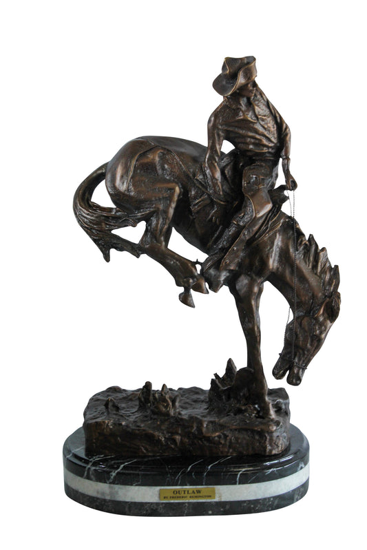 Nifao Bronze Outlaw Remington-Inspired Statue - Western Cowboy Sculpture with Marble Base, Size: 15"L x 8"W x 25"H