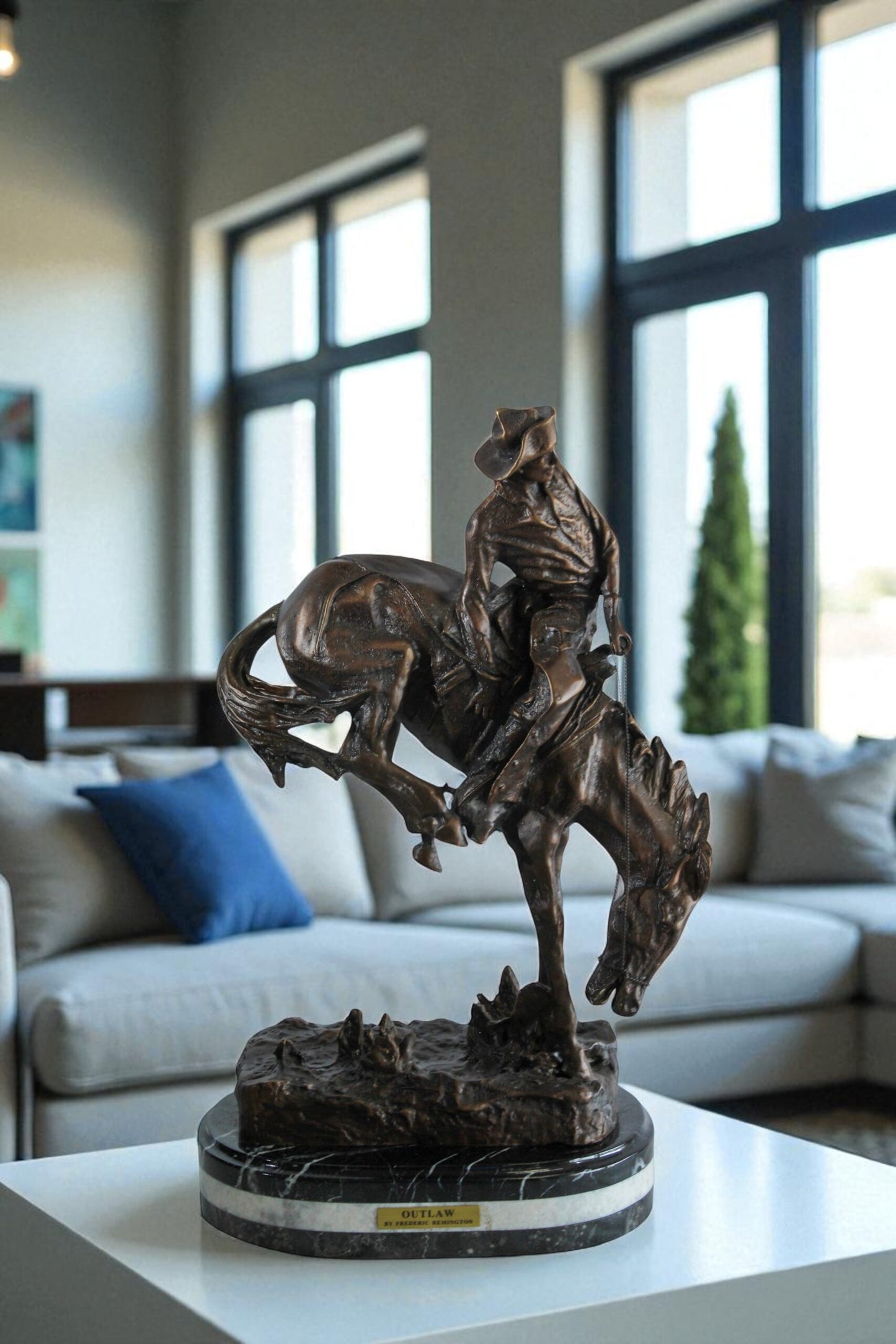 Nifao Bronze Outlaw Remington-Inspired Statue - Western Cowboy Sculpture with Marble Base, Size: 15"L x 8"W x 25"H