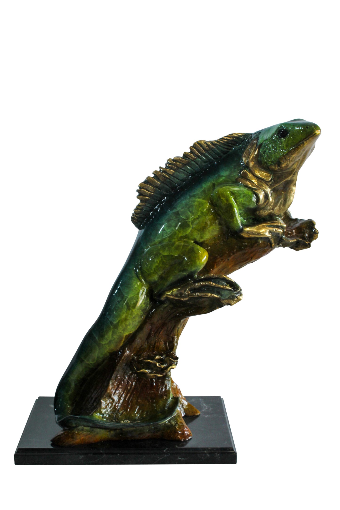 Bronze Iguana Statue on Tree Trunk Mounted on a Marble Base   20" x 7" x 22"H