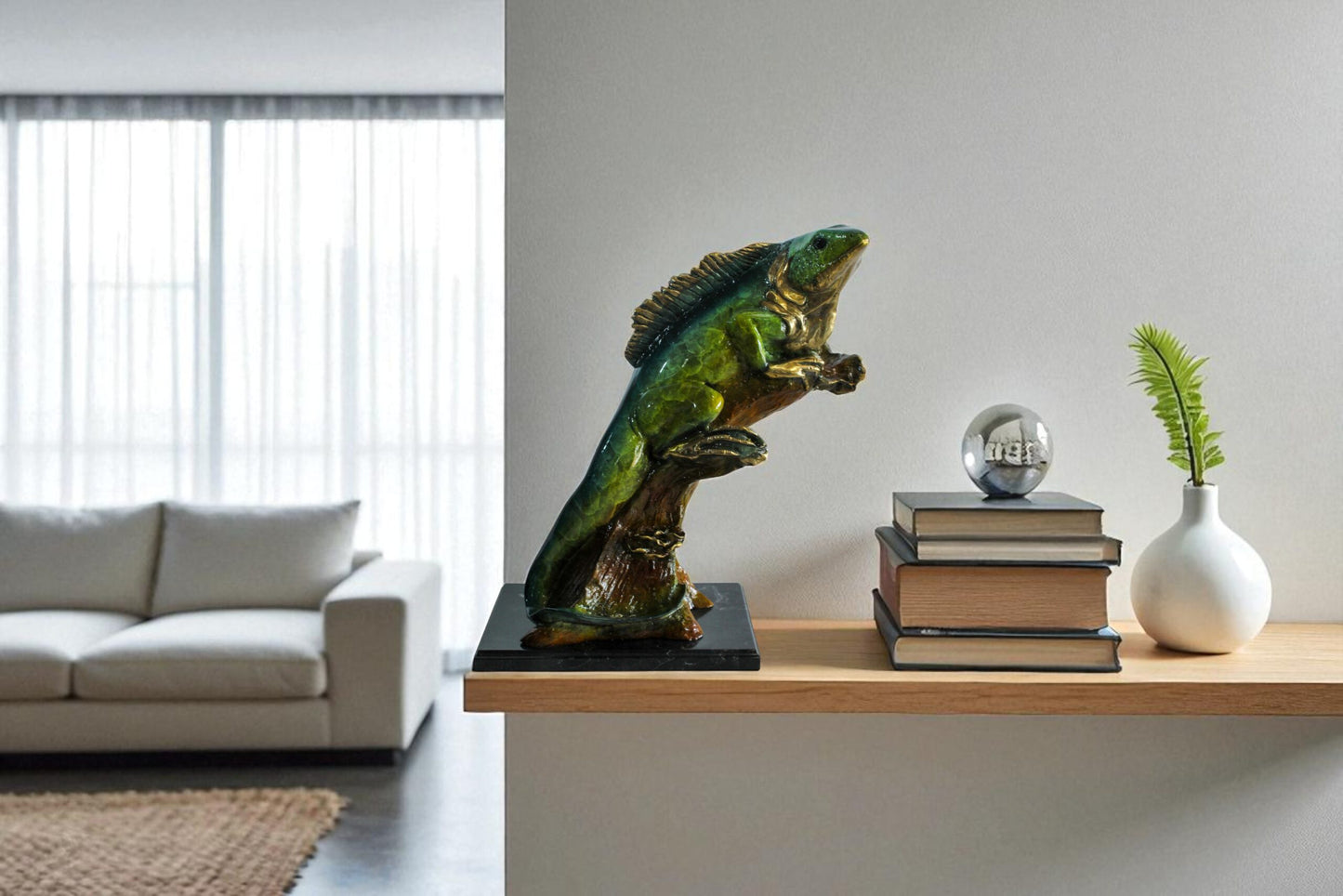 Bronze Iguana Statue on Tree Trunk Mounted on a Marble Base   20" x 7" x 22"H