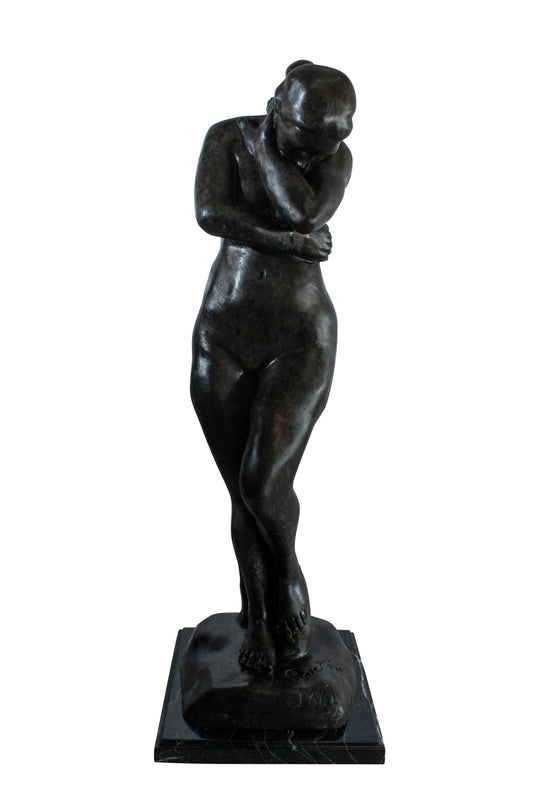 Nifao Bronze Nude Woman Statue -Rodin-Inspired Indoor/Outdoor Sculpture, Wax Casting on Marble Base, Classical Female Form in Introspective Pose for Art Collectors & Elegant Home Decor12 x 11" x 32"H