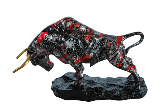 Nifao Resin Bull Statue –Abstract Street Art Indoor/Outdoor Sculpture, Red Black & Silver Patterned Charging Bull with Gold Horns on Glossy Black Base,Modern Decor &Collector’s Figurine 14" x 4" x 9"H
