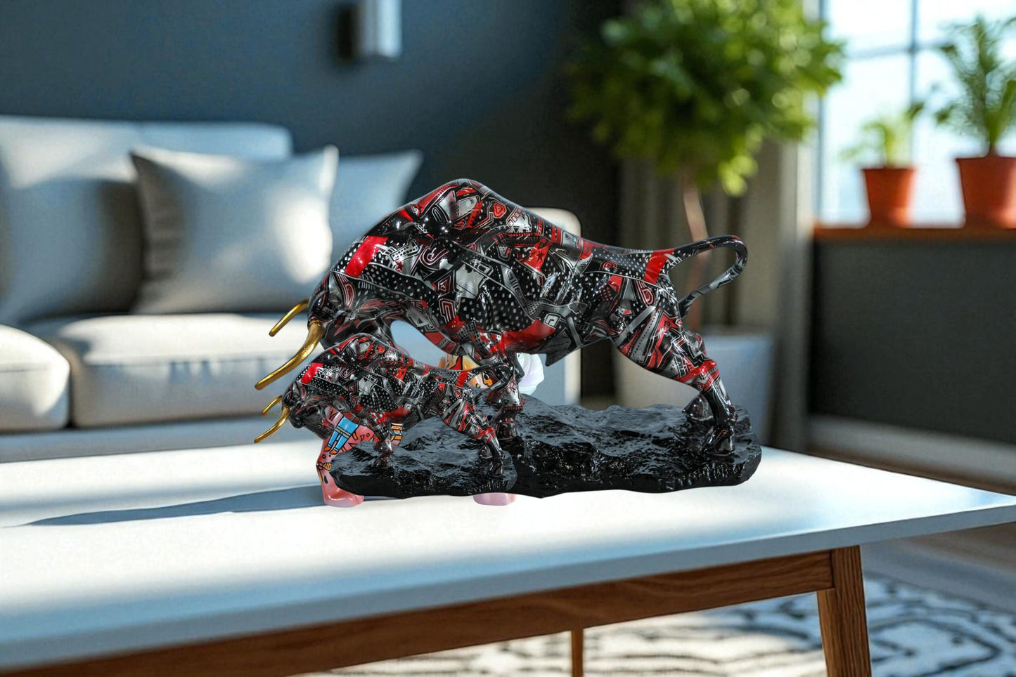 Modern Red Black Resin Bull Statue with Abstract Street Art   14" x 4" x 9"H