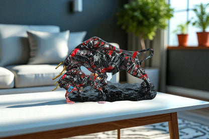 Modern Red Black Resin Bull Statue with Abstract Street Art   14" x 4" x 9"H