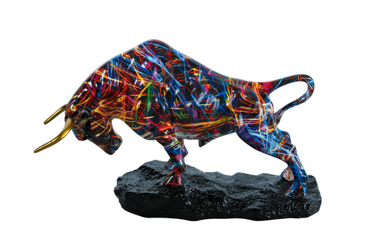 Nifao Resin Bull Statue - Multicolor Indoor/Outdoor Charging Bull SculptureRed,Blue,Yellow &Orange Design with Gold Horns on Glossy Black Base,Decorative Figurine for Homes,Offices14 x 4" x 9"H