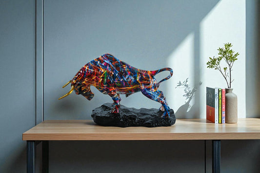 Nifao Resin Bull Statue - Multicolor Indoor/Outdoor Charging Bull SculptureRed,Blue,Yellow &Orange Design with Gold Horns on Glossy Black Base,Decorative Figurine for Homes,Offices14 x 4" x 9"H