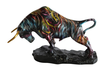 Resin Bull Statue with Swirling Multicolor Lines and Gold Horns   14" x 4" x 9"H