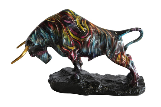 Nifao Resin Bull Statue- Multicolor Swirl Indoor/Outdoor Charging Bull Sculpture,Abstract Yellow,Blue,Red &Violet Design with Gold Horns on Glossy Black Base for Homes, Offices 14" x 4" x 9"H