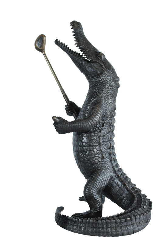 Nifao Bronze Alligator Golf Statue –Whimsical Indoor/Outdoor Sculpture,Alligator Holding Golf Club & Cigar, Wax Casting on Bronze Finish,Fun Golf Decor for Patios,Clubs &Collectors19 x 23" x 36"H