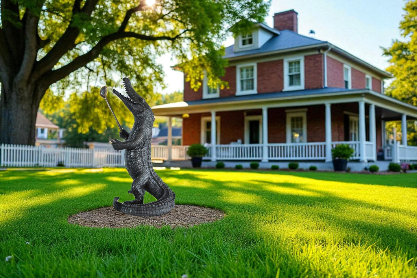 Bronze Alligator having Fun Statue Holding Golf Club 19" x 23" x 36"H