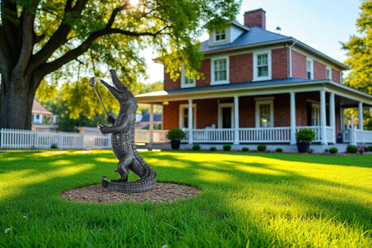Nifao Bronze Alligator Golf Statue –Whimsical Indoor/Outdoor Sculpture,Alligator Holding Golf Club & Cigar, Wax Casting on Bronze Finish,Fun Golf Decor for Patios,Clubs &Collectors19 x 23" x 36"H