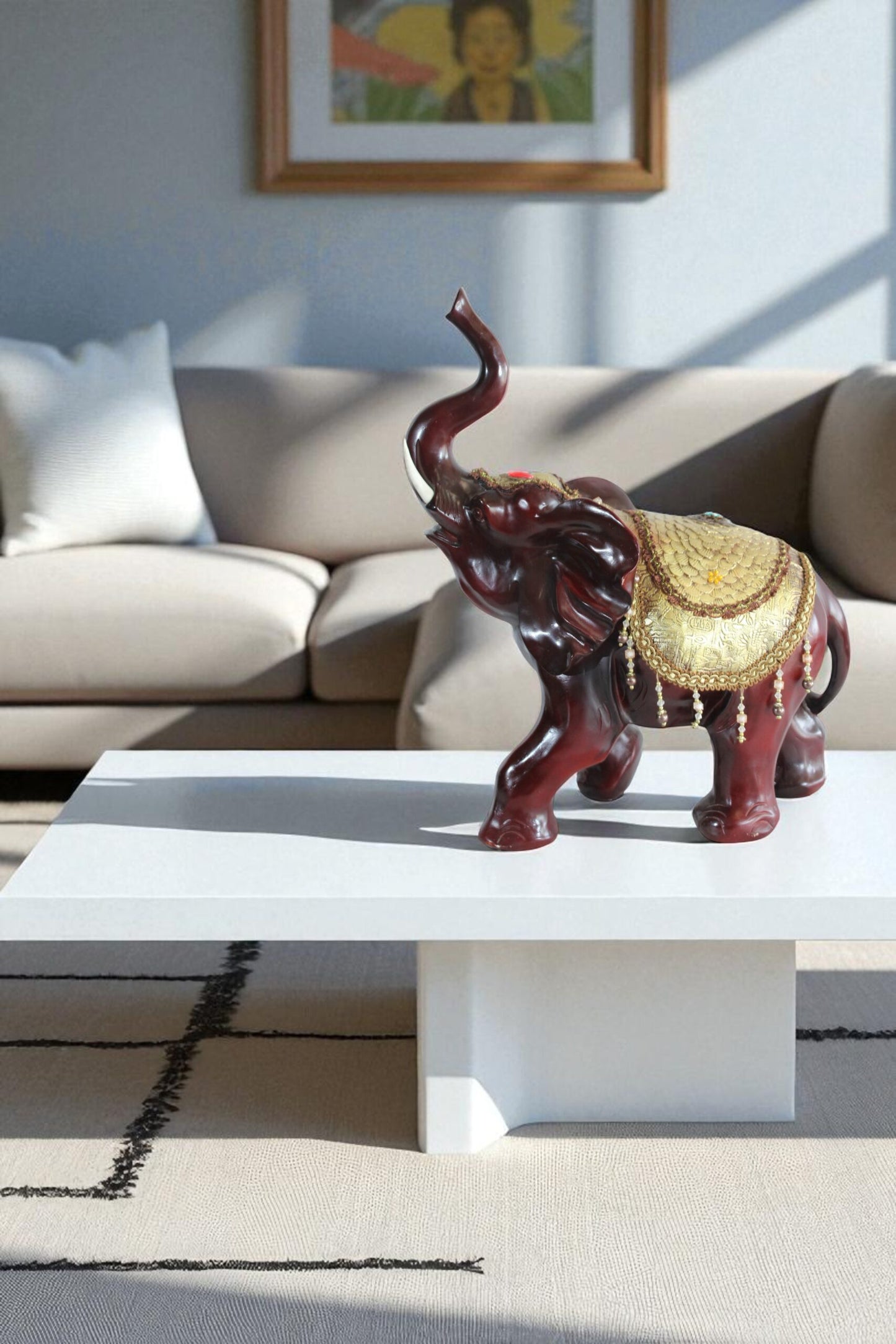 Resin Elephant Statue with Gold Saddle and Raised Trunk 19" x 10" x 22"H