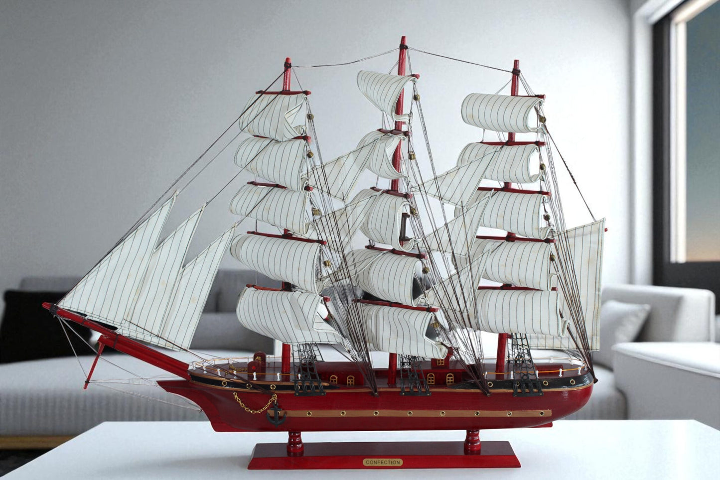 Red Wooden Sailboat Model with Cloth Sails and Details 33" x 6" x 24"H