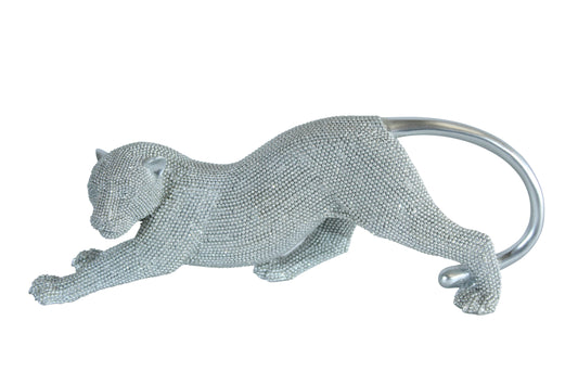 Nifao Silver Stretching Panther Resin Statue with Beaded Texture - Modern Animal Décor - 15" x 4" x 6"H