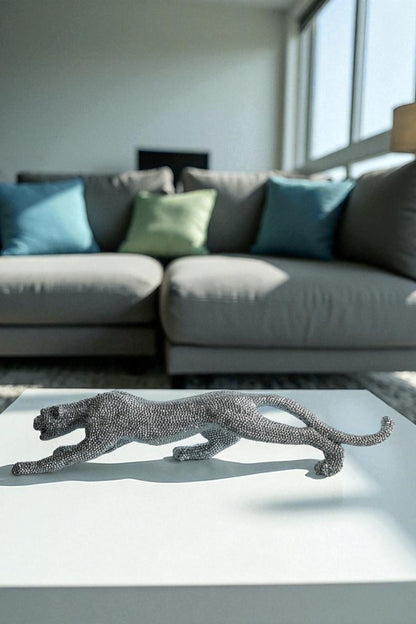 Silver Stretching Panther Resin Statue with Beaded Texture 15" x 4" x 6"H