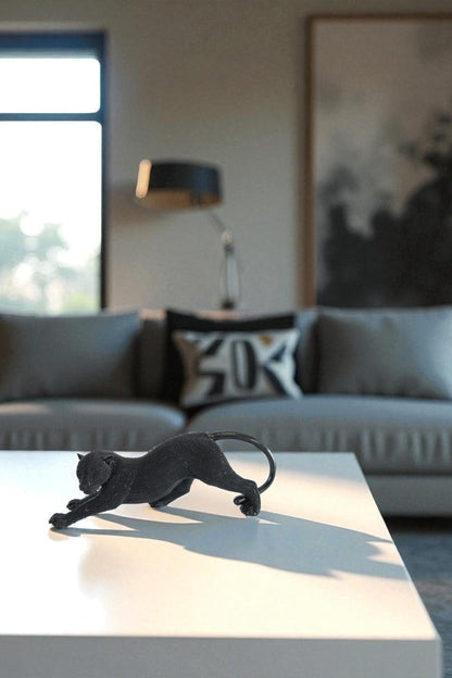 Stretching Panther Black Resin Sculpture With Bead Texture 15" x 4" x 6"H