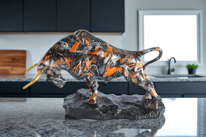 Abstract Resin Bull Statue in Orange and Black Urban Design 14" x 4" x 9"H