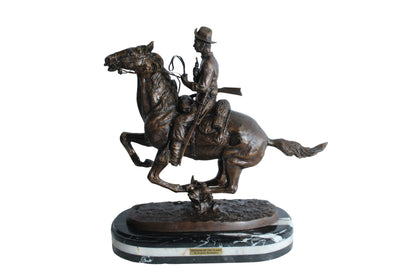 Nifao Remington Replica Trooper of The Plains Bronze Statue on Triple Marble Base - Western Cowboy Sculpture 21" x 8" x 22"H