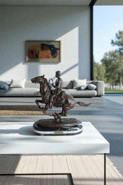 Nifao Remington Replica Trooper of The Plains Bronze Statue on Triple Marble Base - Western Cowboy Sculpture 21" x 8" x 22"H