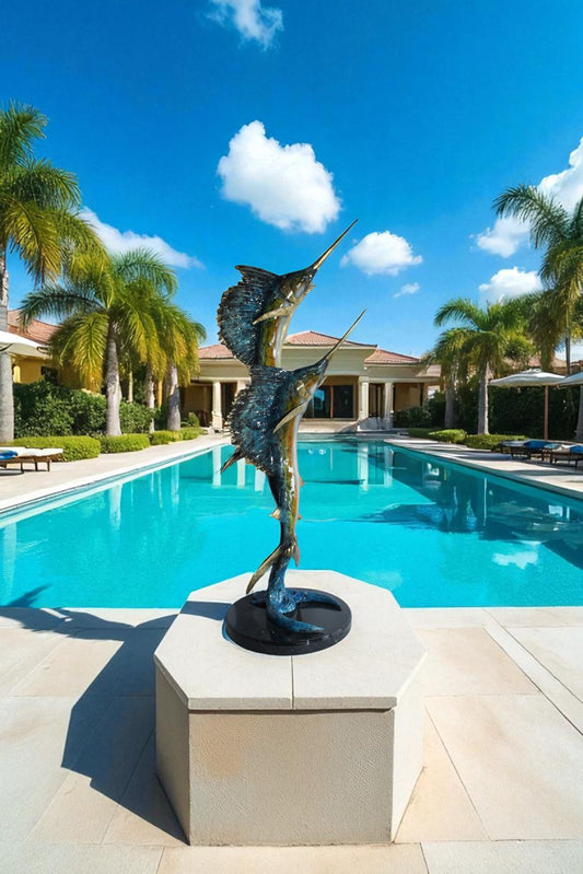 Twin Sailfish Bronze Statue with Colorful Enamel Finish 17" x 17" x 56"H
