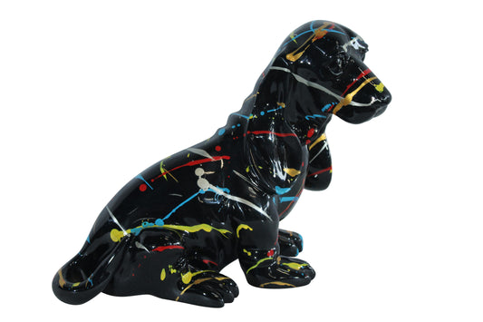 Nifao Resin Basset Hound Statue –Colorful Indoor/Outdoor Dog Sculpture with Abstract Pain Design on Glossy Black Finish,Modern Decorative Figurine for Dog Lovers,Art Collections16 x 8" x 13"H