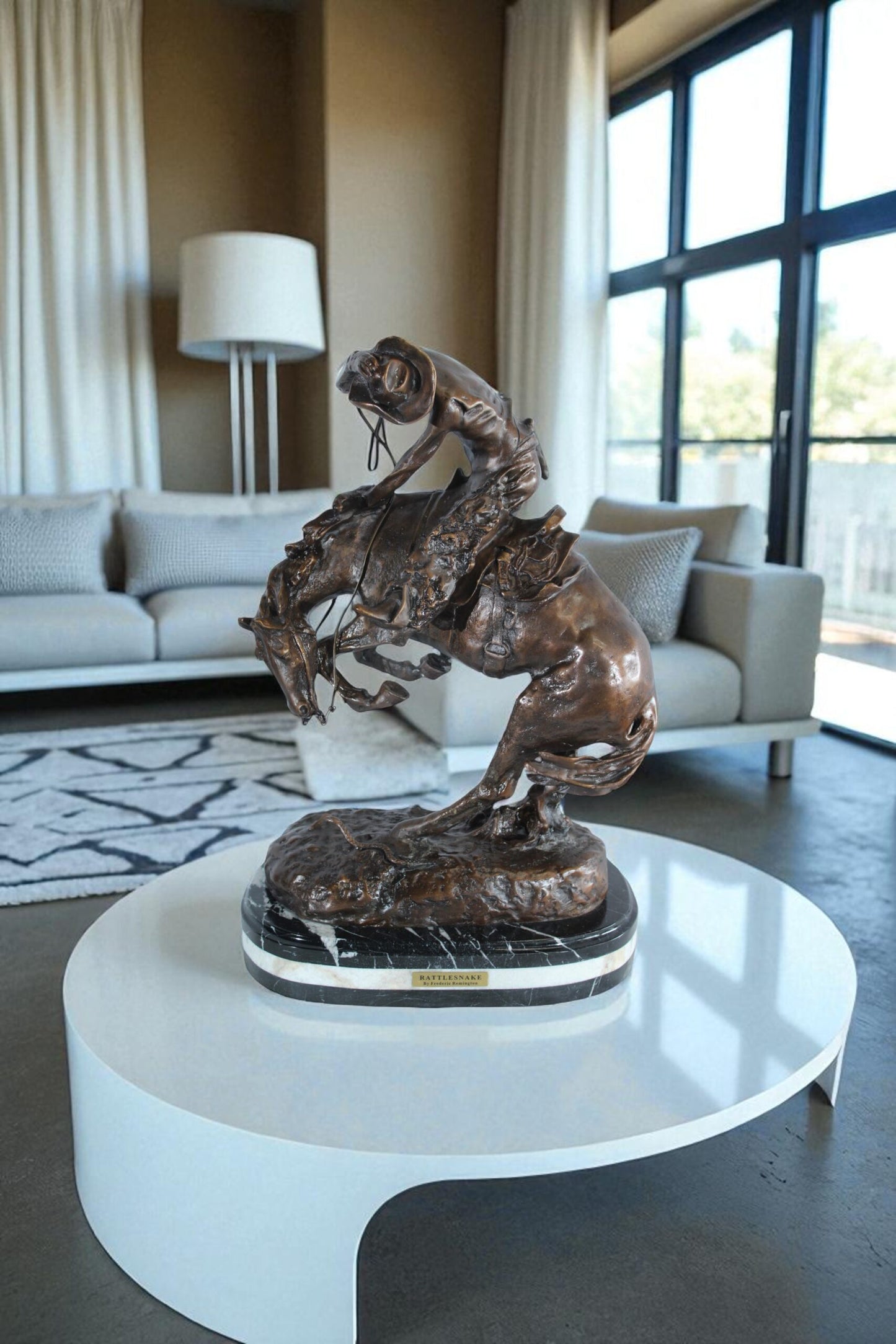 Nifao Bronze Rattlesnake Statue - Frederic Remington Replica Cowboy & Horse Sculpture, Lost Wax Casting on Marble Base,Large Indoor/Outdoor Art for Collectors & Rustic Decor15 x 9" x 25"H