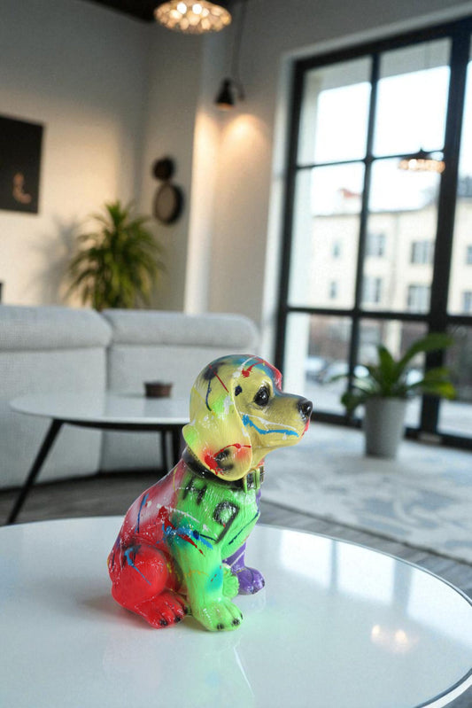 Multicolor Resin Puppy Statue Abstract Dog Decor 8" x 6" x 10"H