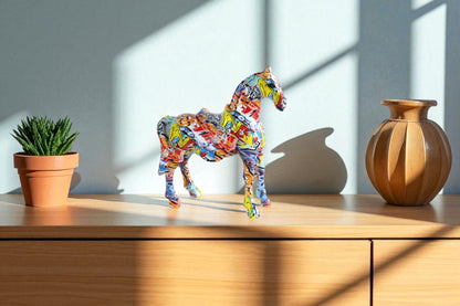 Colorful Resin Horse Statue with Saddle Graffiti Finish 14" x 5" x 15"H