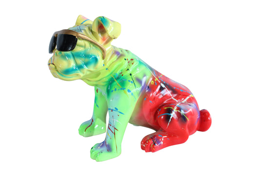 Nifao Colorful Resin Bulldog Statue with Sunglasses – Hand-Painted Multicolored Paint-Splatter Dog, Modern Pop Art Sculpture for Home, Office, Durable Resin Decor Accent 17" x 9" x 13"H