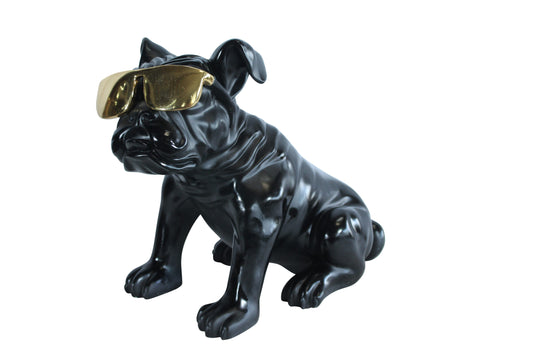 Nifao Black Resin Bulldog Statue with Gold Sunglasses – Glossy Modern Dog Figurine, Durable Resin Pop Art Sculpture for Home & Office Decor, Unique Gift17 x 9" x 13"H