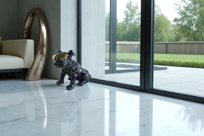 Black Resin Bulldog Statue with Gold Sunglasses 17" x 9" x 13"H