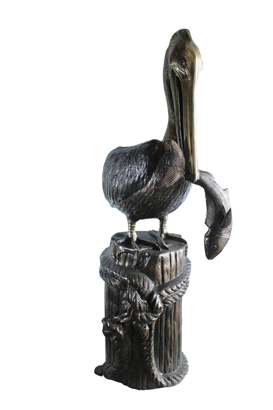 NIFAO Giant Aluminum Pelican Statue with Fish – Coastal Dock Post Sculpture for Nautical & Marine Décor - 40" x 33" x 78"H