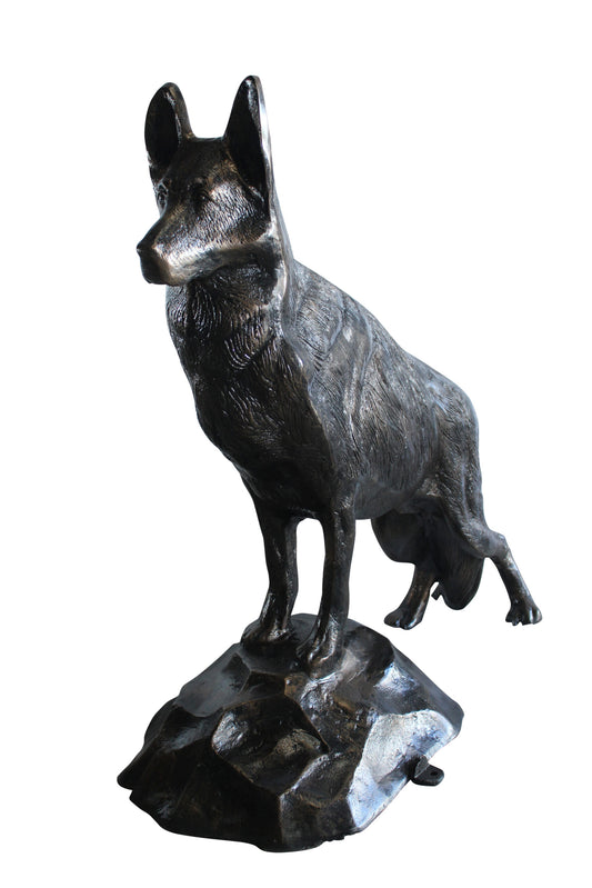 NIFAO Giant Aluminum German Shepherd Statue Standing on Rock Base – Outdoor & Indoor Decorative Sculpture - Large 46" x 20" x 49"