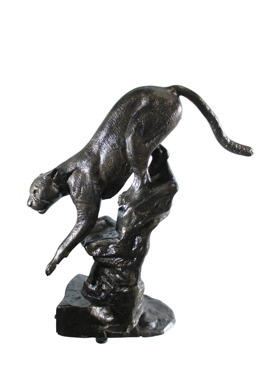 NIFAO Handcrafted Aluminum Panther Cugar Climbing Rock Statue – Wildlife-Inspired Bronze Finish Sculpture – 44" x 20" x 50"