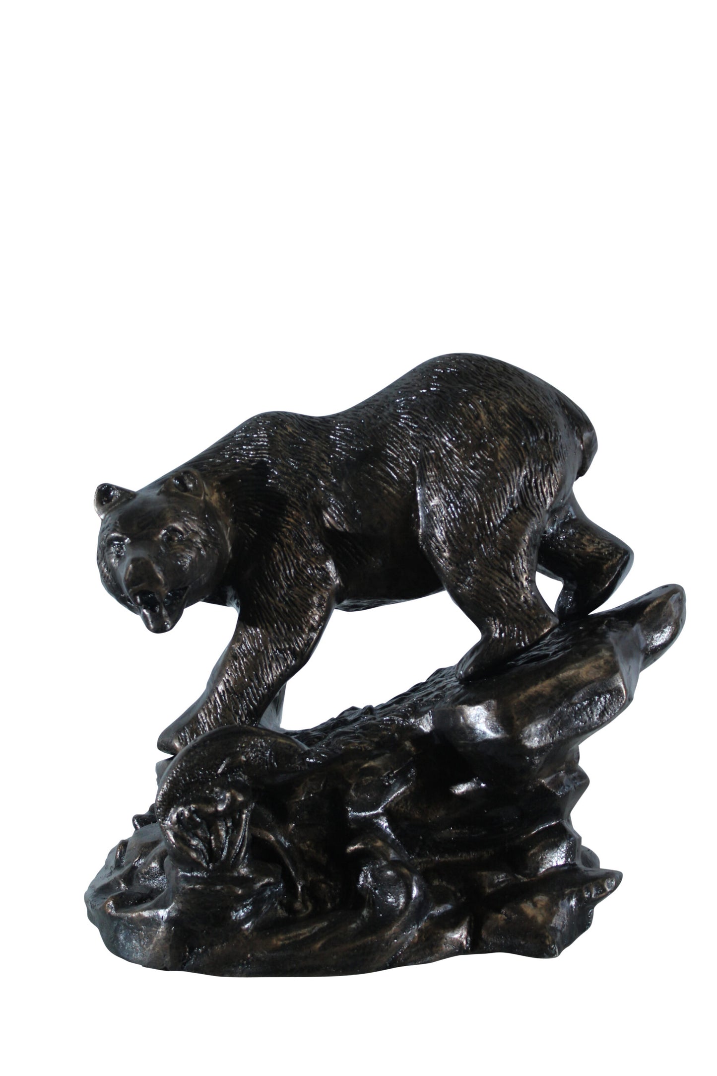 Aluminum Bear Catching Fish Statue with River Rock Detail 25" x 15" x 22"H