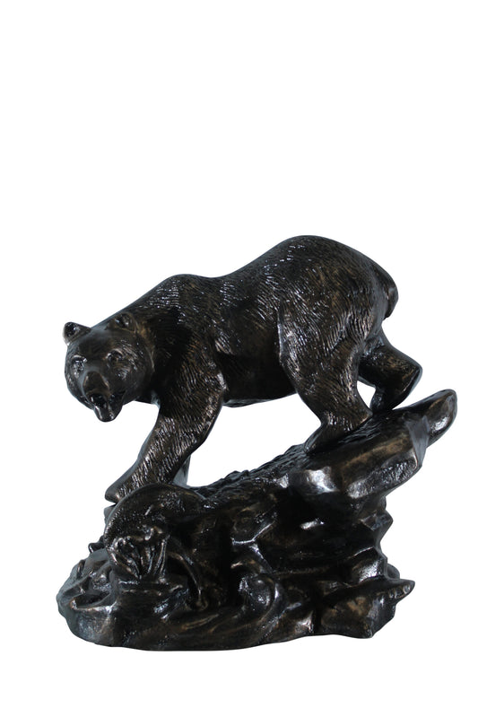 Nifao Aluminum Bear Catching Fish Statue with River Rock Detail - Realistic Wildlife Sculpture, Bronze Finish, 25" x 15" x 22"H