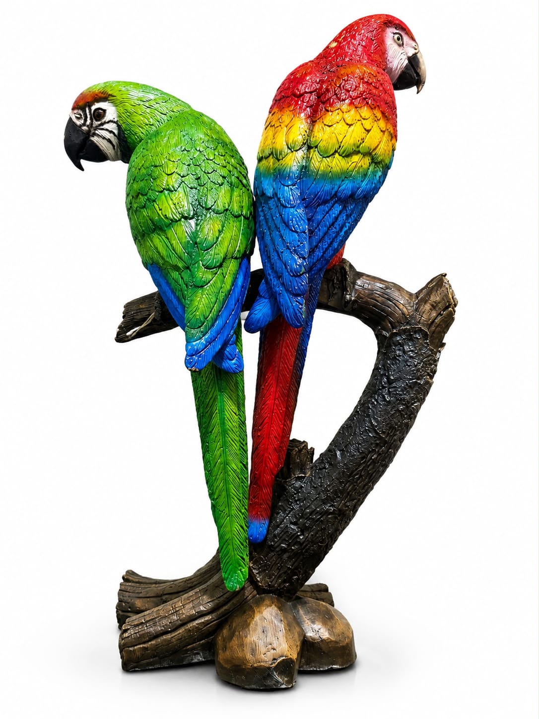 Two Bronze Colorful Parrots On A Tree Statue